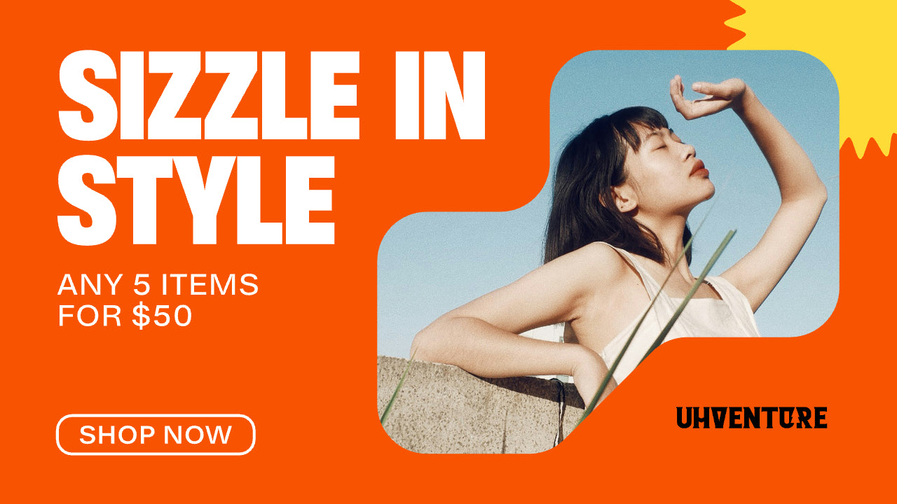 Promotional banner with a woman posing against an orange background, featuring text and 'UHVENTURE' branding.